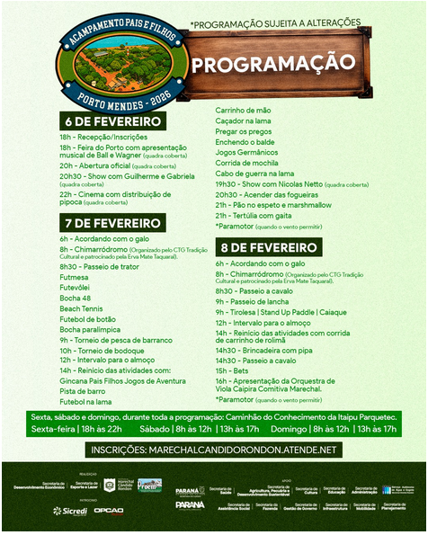 Acampamento Pais e Filhos 2026 inicia hoje em Porto Mendes